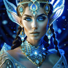 Fantasy portrait of female character with blue eyes and ornate headdress