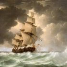 Sailing ship in turbulent seas under stormy sky