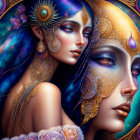 Detailed digital artwork: Woman with blue skin, golden jewelry, and celestial motif