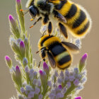 Bumblebees on flower stalk with glowing wings and purple buds