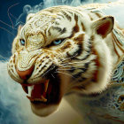 White Tiger Close-Up: Open Mouth, Sharp Teeth, Blue Smokey Background