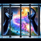 Vibrant cosmic scene framed by hands: nebula, stars, planets through a window