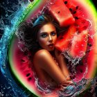 Woman artistically merged into watermelon with splashing water