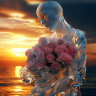 Transparent figure with pink roses at vibrant ocean sunset