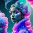 Colorful surreal portrait of female figure in vibrant blue and pink hues.