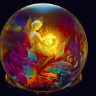 Colorful digital artwork: Mermaid with wings in luminous bubble among coral.