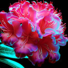 Bright pink rhododendron flowers with striking stamens on dark background