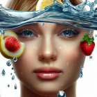 Woman's Face Submerged with Lemon and Strawberry in Water