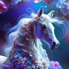 Majestic unicorn with floral mane and luminous horn on blue background