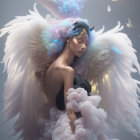 Ethereal figure with white wings in clouds and pastel blue hair