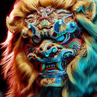 Traditional Lion Dance Mask with Gold, Blue, and Red Fur