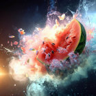 Vibrant pink exploding watermelon with black seeds in dynamic scene