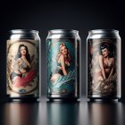 Ornate women-themed illustrated beverage cans on dark background