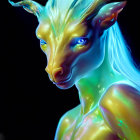 Blue-haired humanoid creature with golden skin and iridescent colors