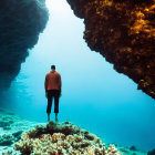 Diver on coral reef with underwater rock formation and sea view