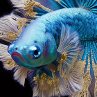 Colorful digital artwork: Blue fish with feather-like fins and golden accents