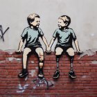 Urban mural depicts children on brick wall with swinging leg shadow