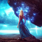 Woman in blue dress under cosmic sky with lightning on horizon