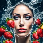 Woman's face emerges from water with splashes and floating strawberries showcasing striking makeup.