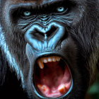 Intense gorilla with sharp teeth and blue eyes