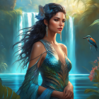 Woman with blue feather adornments in nature-inspired look by serene waterfall