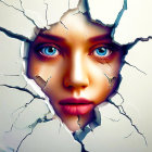 Digital artwork: Face with blue eyes emerging through cracked white surface