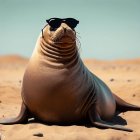 Brown-furred seal in sunglasses on sandy beach under clear blue sky