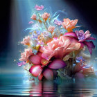 Colorful digital artwork: Floating luminous flowers above serene water