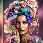 Colorful portrait of woman with vibrant makeup, adorned with lizards and flowers against floral backdrop