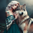 Woman in teal gown with gem embellishments poses with attentive wolf in dreamy setting.