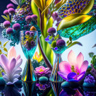 Colorful digital art: glass vessels, liquid, stylized flowers & foliage