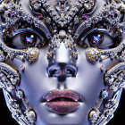 Symmetrical mask with gems, metalwork, and crystals around deep-set eyes