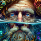 Elderly man's face merges with vibrant underwater scene