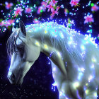 Luminous white horse with glowing lights and pink flowers on dark blue background