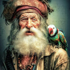 Elderly pirate with weathered face and parrot portrait