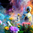 Digital artwork: Classical statue in cosmic setting with smoke and flowers