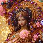 Intricate golden jewelry on woman with crown, pink flowers, and blue gemstones