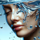 Close-up of face with flowing water creating smooth liquid mask