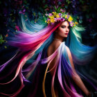 Multicolored Hair Woman with Flower Crown on Dark Floral Background