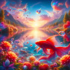 Colorful fantasy landscape with red fish, jellyfish-like creatures, flower-lined river, floating islands,