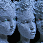 Blue-toned statues with lacy textures: Three human-like faces with green eyes.