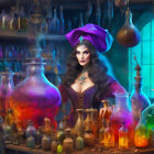 Mystical woman in purple turban with colorful potion bottles