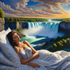 Woman in White Dress Sleeping on Oversized Bed by Majestic Waterfall