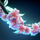 Pink Cherry Blossom Branch on Dark Blue Background