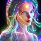 Colorful digital artwork of a woman with luminescent hair and neon glow.