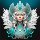 Blue-eyed woman in ornate white and teal wing-themed headdress.