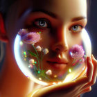 Transparent sphere with flowers reflecting soft glow on person's face