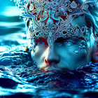 Person in Silver Headpiece Emerges from Water