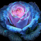 Digitally enhanced blue rose with dewdrops on dark background