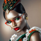 Striking makeup and red glasses on woman with ornate headwear pose elegantly